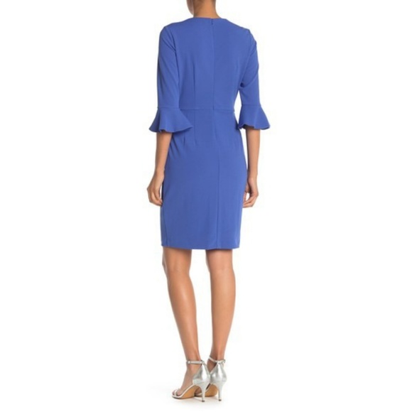 nwt Donna Morgan Blue Ruffle Cuff Sheath Dress - Picture 2 of 3